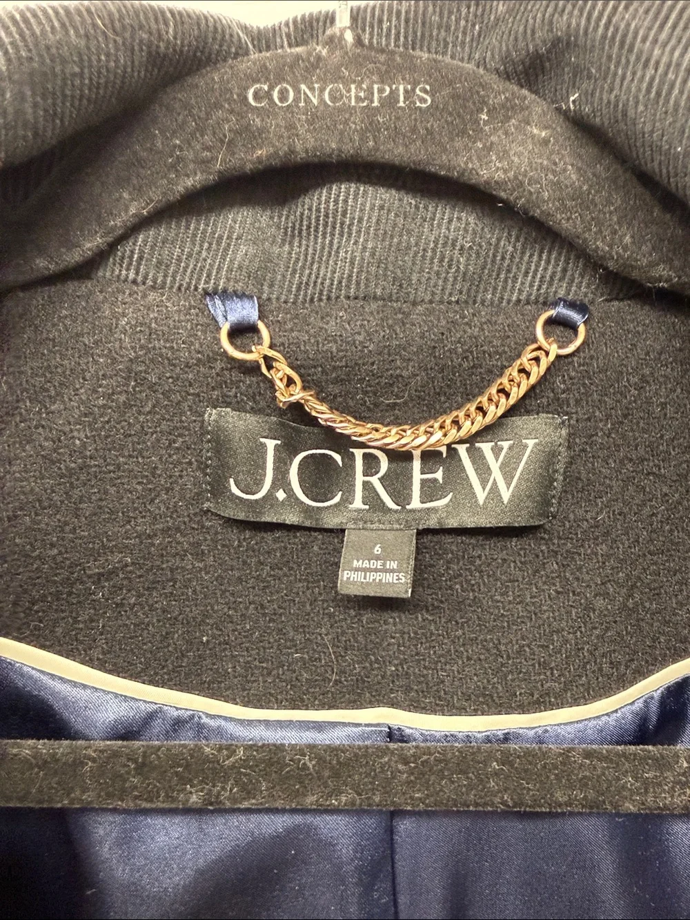 J. Crew Black Wool Pea Coat with Navy Satin Lining